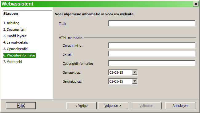 Afbeelding 7: Pagina Opmaakprofielen van het dialoogvenster Webassistent 7) Klik op Volgende > en voer de in de webpagina op te nemen informatie in, zoals Titel en HTML-metadata.