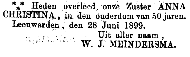 ~ 11 ~ Kinderen van Douwe en Etje: I. Wigger Jacob MEINDERSMA Geboren op zondag 31 januari 1847 in Leeuwarden (zie 4). Bron: Leeuwarder Courant 2 februari 1847 II.