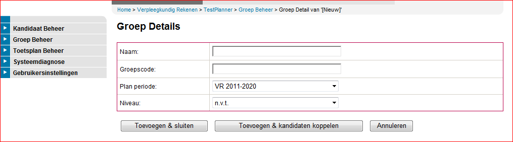 3.1 Nieuw Klik op Nieuw om nieuwe groepen toe te voegen. De keuzemogelijkheden bij het invulvak Plan periode kunt u als toetsleider niet zelf aanpassen. In het veld Niveau kan n.v.t. blijven staan.