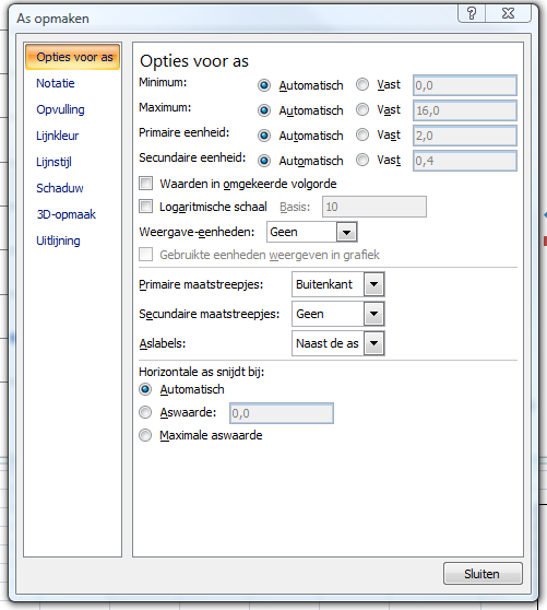 stellen. Bij Notatie kan je o.a. de nauwkeurigheid van de getallen bij de assen instellen. Het heeft weinig zin bij een as getallen met 2 decimalen te noteren bv.