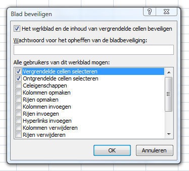 wachtwoord opgegeven worden dat moet ingegeven worden om de beveiliging op te heffen. Verder kan ook nog afgevinkt worden wat de gebruikers in de werkmap wel nog mogen.