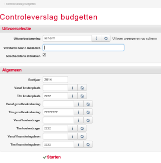 5.3 Controleverslag budgetten Snelstart: pbudcv Met behulp van deze functie is het mogelijk een overzicht te genereren van de geregistreerde budgetten.