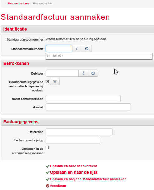 7.6.1 Aanmaken nieuwe standaardfactuur Klik Aanmaken. Voer de Identificatie gegevens in. Standaardfactuurnummer: Opmerking Het standaardfactuurnummer wordt voor alle dagboeken automatisch opgehoogd.