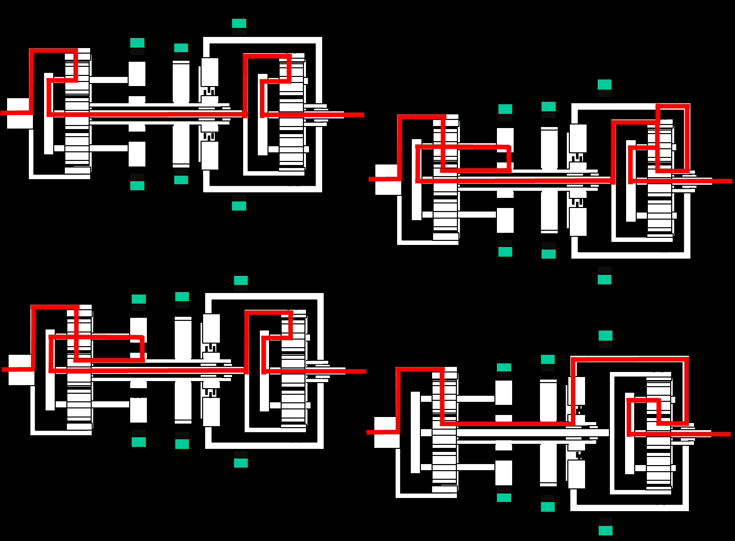 Fig A. Schematisch zij aanzicht De krachtoverbrengingen voor de verschillende versnellingen en de achteruit kunnen we nu schematisch ook nog als volgt weergeven.