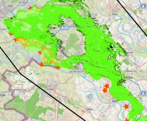 NL-DL 1/100.000 Figuur 10: Lokaal Individueel Risico bij verschillende overstromingskansen, en een evacuatiefractie van 75%. In de rode en zwarte gekleurde gebieden is het LIR > 10-5 per jaar. 4.1.4 Conclusie Uit de analyses trekken we de volgende conclusies: Reductie van de overstromingskans door dijkversterking leidt in alle gevallen (1/4.