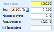 Voor verkoopfacturen betekent dit dat u van het totale factuurbedrag bij de betaling eerst de kredietbeperking optelt En over het totale bedrag draagt u dan btw af.