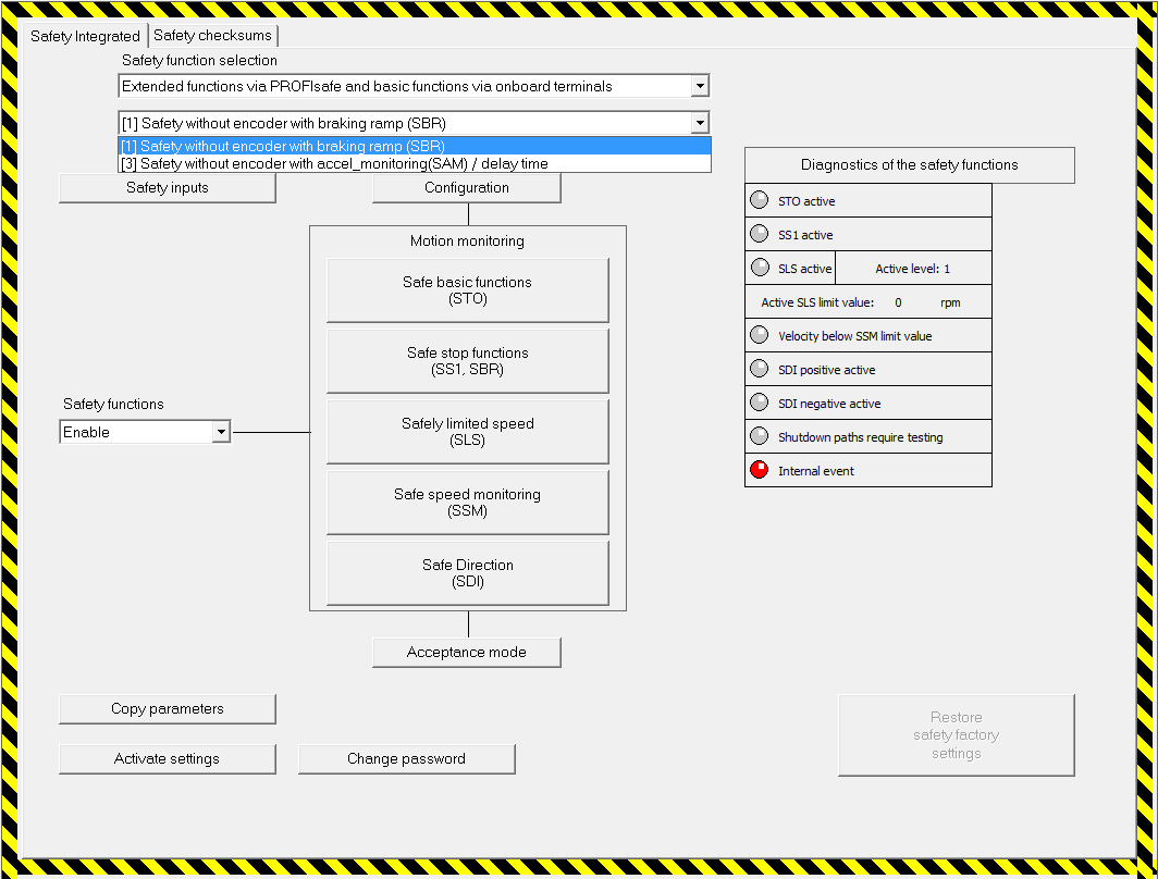 De onderstaande instellingen dient te worden gemaakt, Extended functions via PROFIsafe and basic functions via onboard terminals.