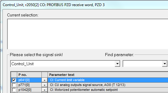 Door P776(0 en/of 1) van [0] naar [1] in te stellen heb je 0-10 V analoge uitgang. In Communication Receive direction zie wat er wordt ontvangen van de PLC.
