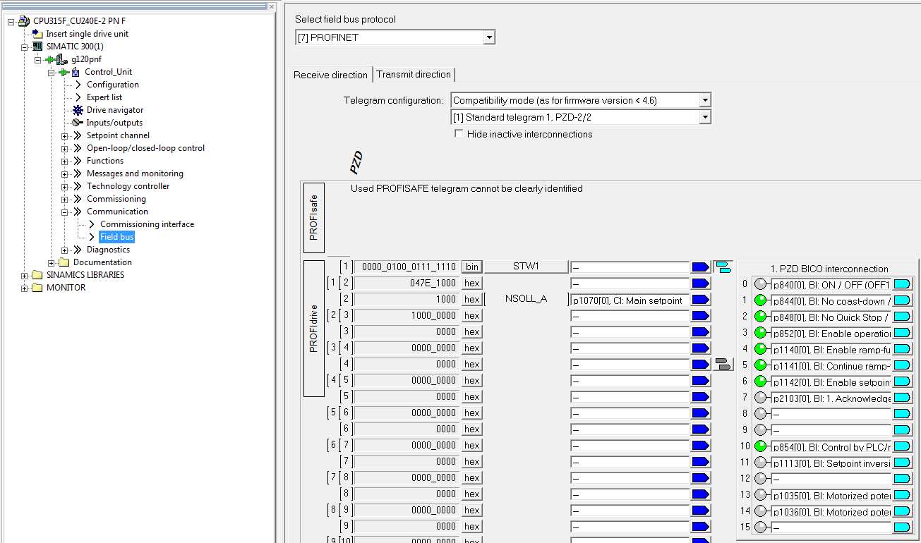 9.3. Communicatie van de PLC naar de Sinamics G120 met Step 7 In Communication Fieldbus - Receive direction kan je informatie uitlezen die van de PLC komt.