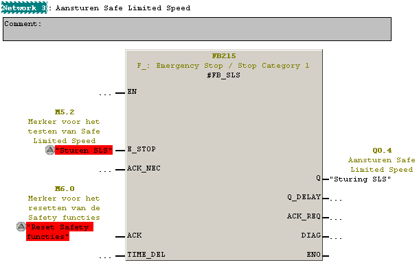 Bij het programmeren voor de sturing van Safe Limited Speed in het derde netwerk word weer FB215 gebruikt, waarbij weer de onderstaande melding komt.