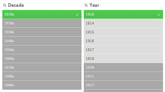 3 Interactie met visualisaties Maar als u één van de mogelijke waarden in het filtervak Year selecteert, worden alle waarden in Decade die alternatief waren indit geval uitgesloten.