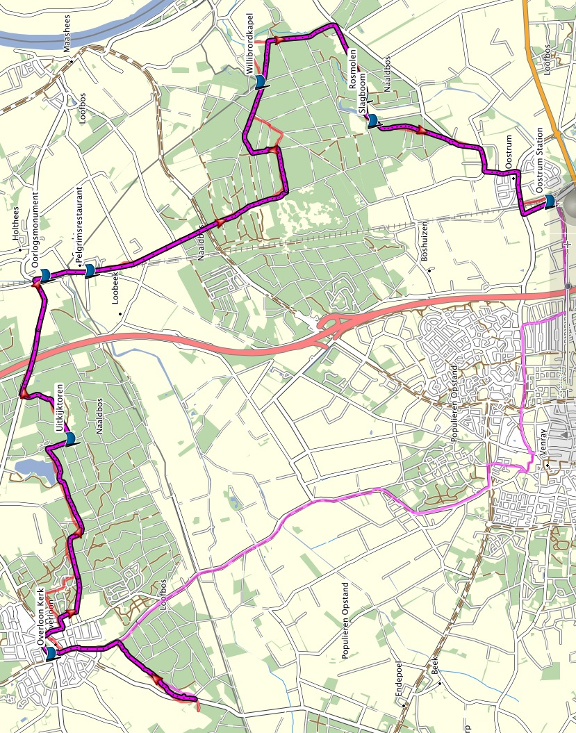 Route van zondag (in doorgetrokken donker rood). Programma Vrijdag 16 mei (~12 km) 17:00 Verzamelen op station Eindhoven (hal stadskant).