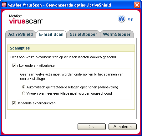 McAfee VirusScan gebruiken Als de e-mailserver zodanig is ingesteld dat er alleen e-mailberichten kunnen worden verzonden en ontvangen wanneer u de computer gebruikt, kunt u het automatisch opschonen