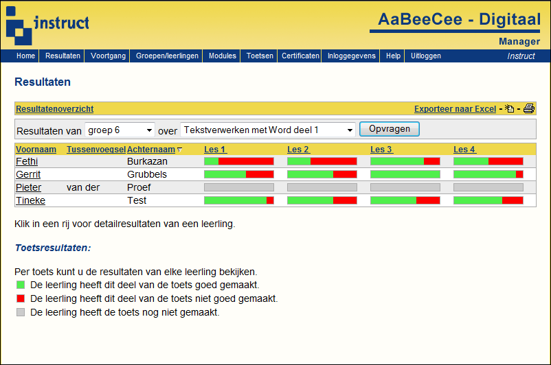 9 TOETSRESULTATEN OPVRAGEN In het onderdeel Resultaten kunnen per groep en per module of van alle modules tegelijk de toetsresultaten worden opgevraagd.