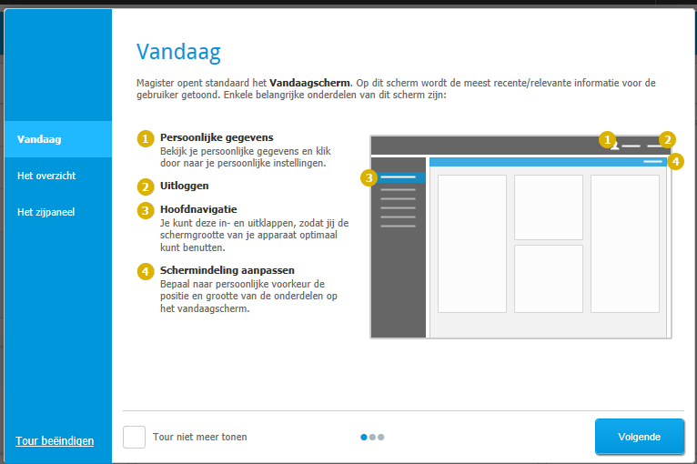 De tour Bij de eerste keer inloggen in Magister krijgen gebruikers een tour over het gebruik van Magister 6.