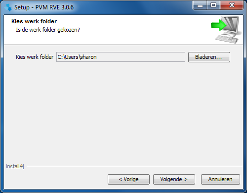 Lees de licentieovereenkomst en klik op Volgende. Er zal nu gevraagd worden om een werk folder te kiezen.
