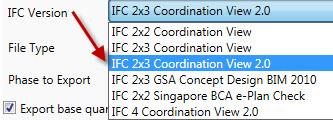 1: Keuze uit de verschillende versies: Momenteel wordt IFC2x3 Coördination View 2.0 het meest gebruikt, deze IFC versie is bedoeld om de geometrie en informatie uit te wisselen t.b.v. coördinatie (hoeveelheden & modelcheck).