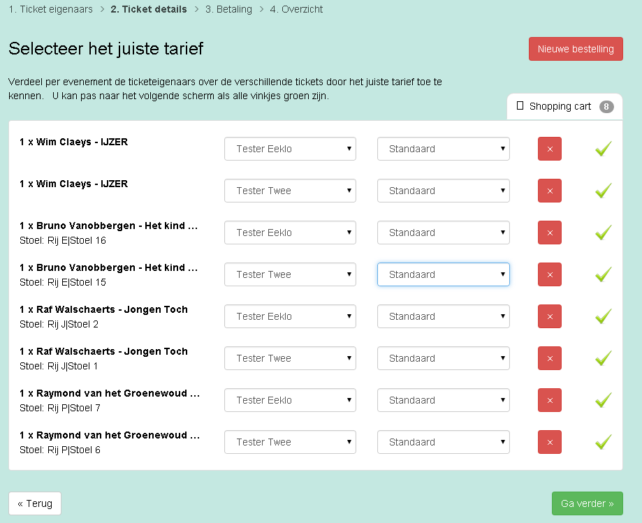 In het volgende scherm ziet u een overzicht van uw bestelling, waar de ticketeigenaars en hun tarieven automatisch ingevuld worden. Deze kunnen handmatig gewijzigd worden indien nodig.