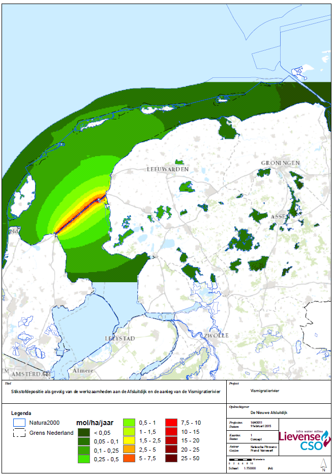 90 A&W-rapport 2037 Ecologische beoordeling Vismigratierivier van Vlieland is gelegen in de 0,1 tot 0,25 mol/ha/jaar contour.