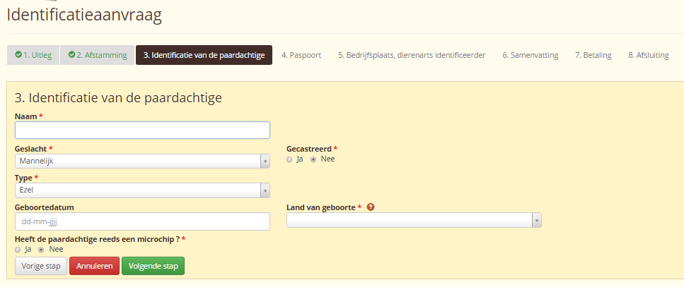 Een identificatieaanvraag aanmaken 9.3. Tabblad «3. Identificatie van de paardachtige» Dit tabblad vraagt U om de algemene informatie over de paardachtige in te geven.