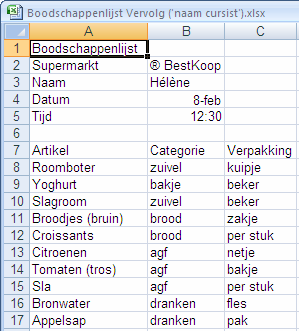 Opdracht 2 Wijzigingen in het werkblad (herhaling) Cellen a. Wijzig Karnemelk in Slagroom en wijzig de stukprijs van slagroom in 1,47 b. Wijzig Tomaten in Tomaten (tros). c.