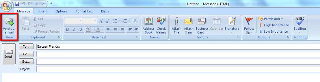 Een nieuwe email versturen vanuit Outlook De gebruiker begint met het aanmaken van een e-mail vanuit Outlook.