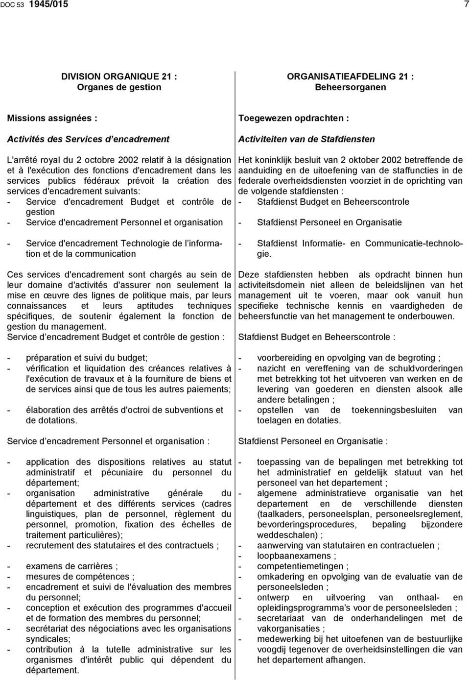 Servie d'enadrement Budget et ontrôle de gestion - Servie d'enadrement Personnel et organisation Het koninklijk esluit van 2 oktoer 2002 etreffende de aanduiding en de uitoefening van de staffunties