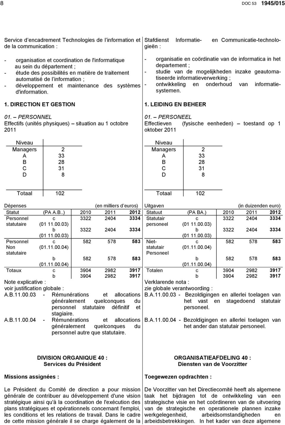 LEIDING EN BEHEER - organisatie en oördinatie van de informatia in het departement ; - studie van de mogelijkheden inzake geautomatiseerde informatieverwerking ; - ontwikkeling en onderhoud van