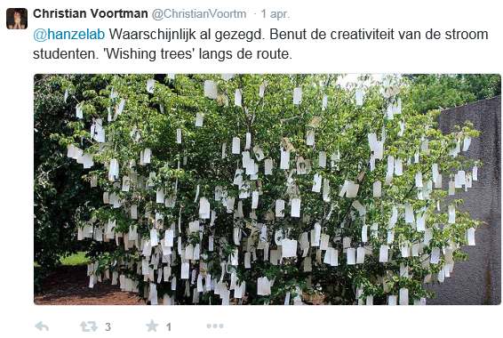 Een ingekomen tweet om een wishing tree langs de route te plaatsen waar studenten hun wensen en behoeften van de route