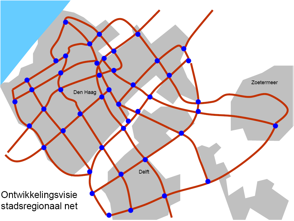 c. Geef gegeven dit ontwerp voor het (stads)regionale netwerk twee duidelijk verschillende alternatieven voor het nationale autosnelwegennetwerk in dit gebied. Motiveer uw antwoord. N.B.