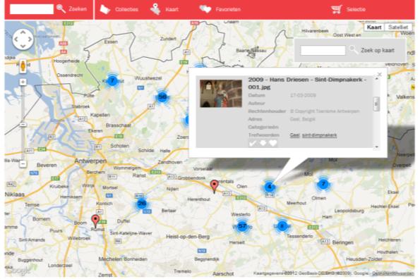 Hoofdstuk: 4.3. Zoeken op kaart Je kan aan elk beeld ook een locatie of adres meegeven in de beheersmodule (dit gebeurt automatisch als GPS coördinaten in de foto zitten).