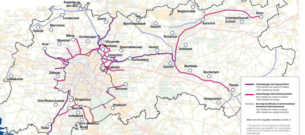 Herentals - Balen Provincie Vlaams-Brabant Ook de provincie Vlaams-Brabant besliste n.a.v. de FietsGEN-studie een aantal trajecten als fietssnelweg aan te duiden en voorzag in een aangepaste subsidieregeling voor prioritaire fietssnelwegen.