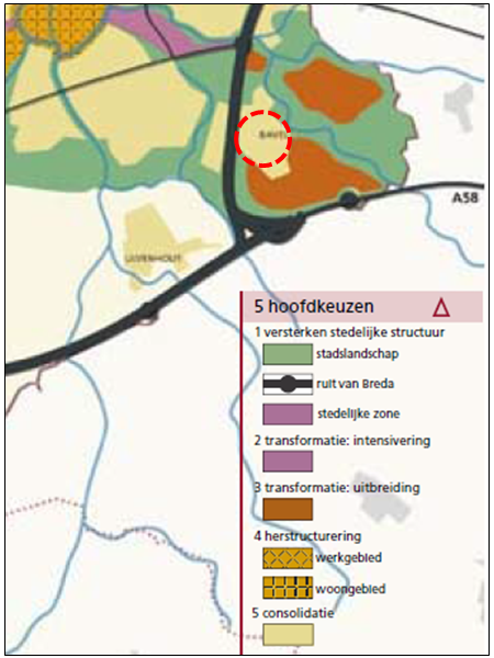 Figuur: uitsnede kaart Structuurvisie Breda 2020 met globale aanduiding plangebied (rode stippellijn).