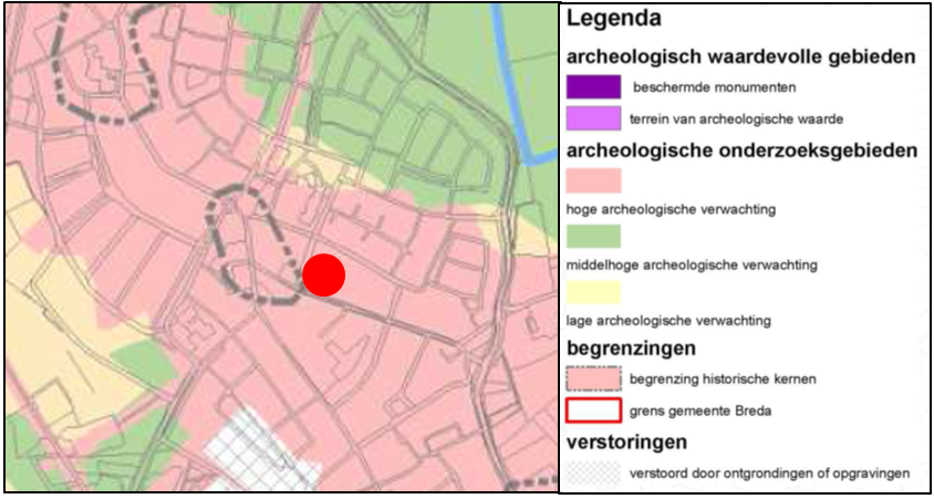 Uitsnede beleidsadvieskaart archeologie van Breda s Erfgoed met globale aanduiding plangebied (rode stip). Bron: Rijksdienst voor het Cultureel Erfgoed.