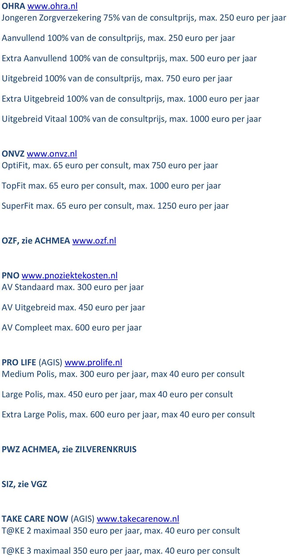 1000 euro per jaar ONVZ www.onvz.nl OptiFit, max. 65 euro per consult, max 750 euro per jaar TopFit max. 65 euro per consult, max. 1000 euro per jaar SuperFit max. 65 euro per consult, max. 1250 euro per jaar OZF, zie ACHMEA www.