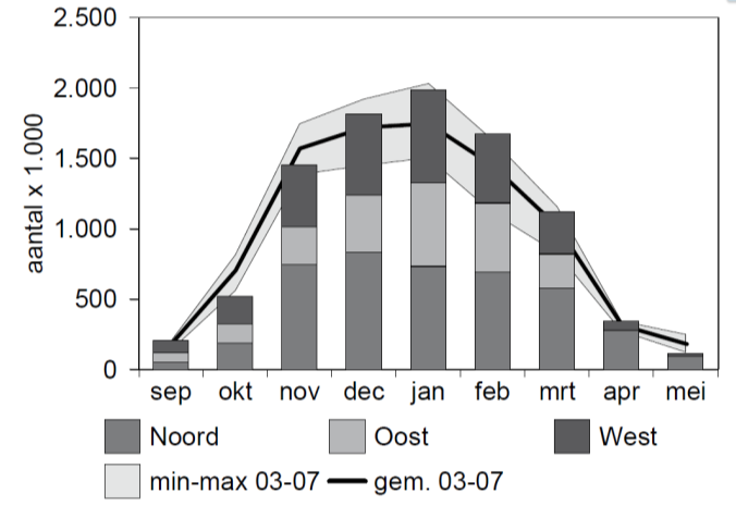 Effecten en toetsing Figuur 5.1 Seizoensverloop van ganzen en zwanen in 2008/09, gebaseerd op maandelijkse aantallen (incl.