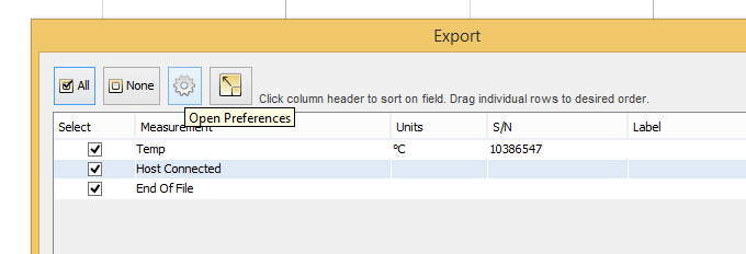 De data exporteren naar excel Klik het icoontje export table data aan. Kies welke data je mee wil exporteren. Wijzig je voorkeursinstellingen via de knop met het wieltje Open preferences.