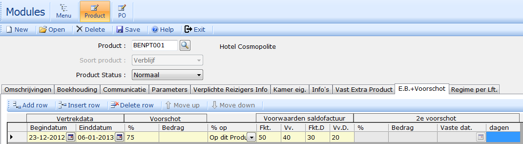 Early booking en voorschot In deze tab heeft men de mogelijkheid om voor de berekening van het voorschot en de facturatie afwijkende voorwaarden in te geven op productniveau.