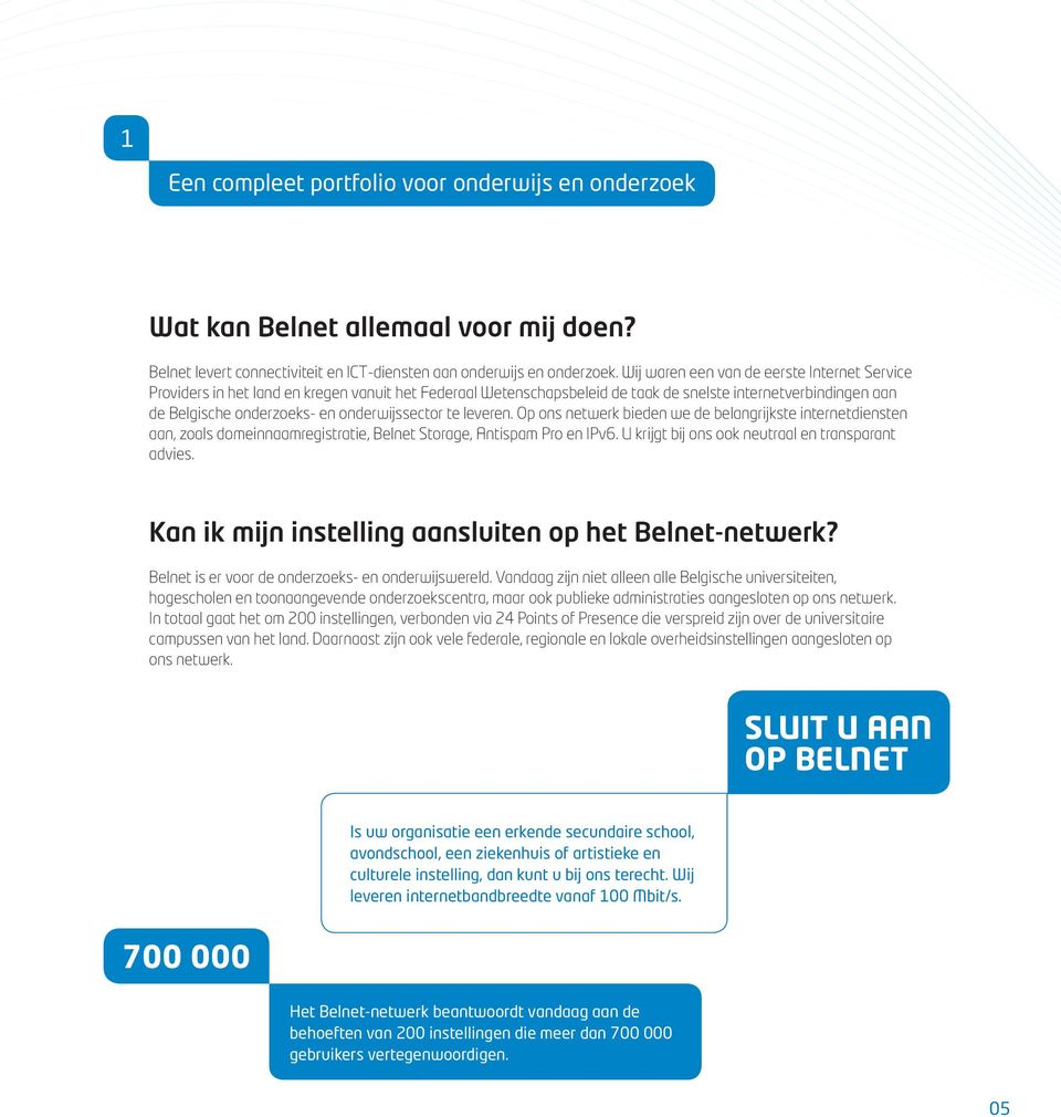 onderwijssector te leveren. Op ons netwerk bieden we de belangrijkste internetdiensten aan, zoals domeinnaamregistratie, Belnet Storage, Antispam Pro en IPv6.