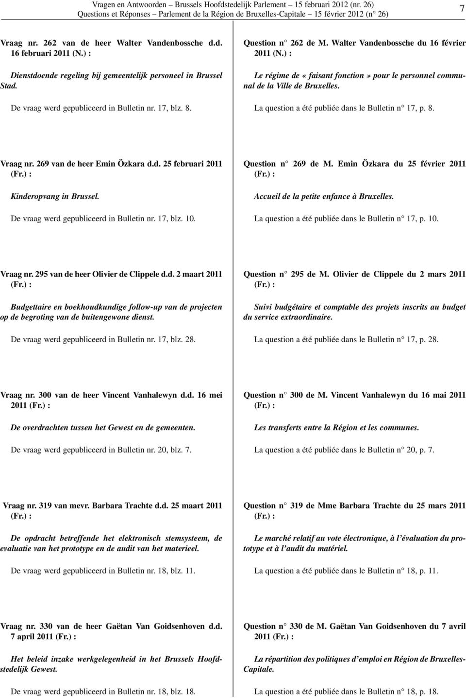 ) : Le régime de «faisant fonction» pour le personnel communal de la Ville de Bruxelles. La question a été publiée dans le Bulletin n 17, p. 8. Vraag nr. 269 van de heer Emin Özkara d.d. 25 februari 2011 (Fr.