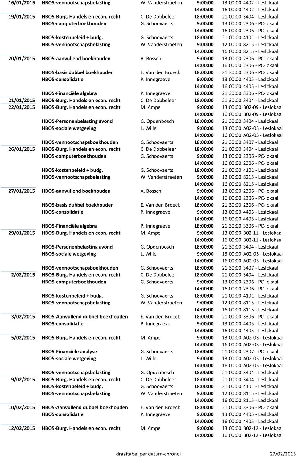 Innegraeve 9:00:00 13:00:00 4405 - Leslokaal 21/01/2015 HBO5-Burg. Handels en econ. recht C. De Dobbeleer 18:00:00 21:30:00 3404 - Leslokaal 22/01/2015 HBO5-Burg. Handels en econ. recht M.