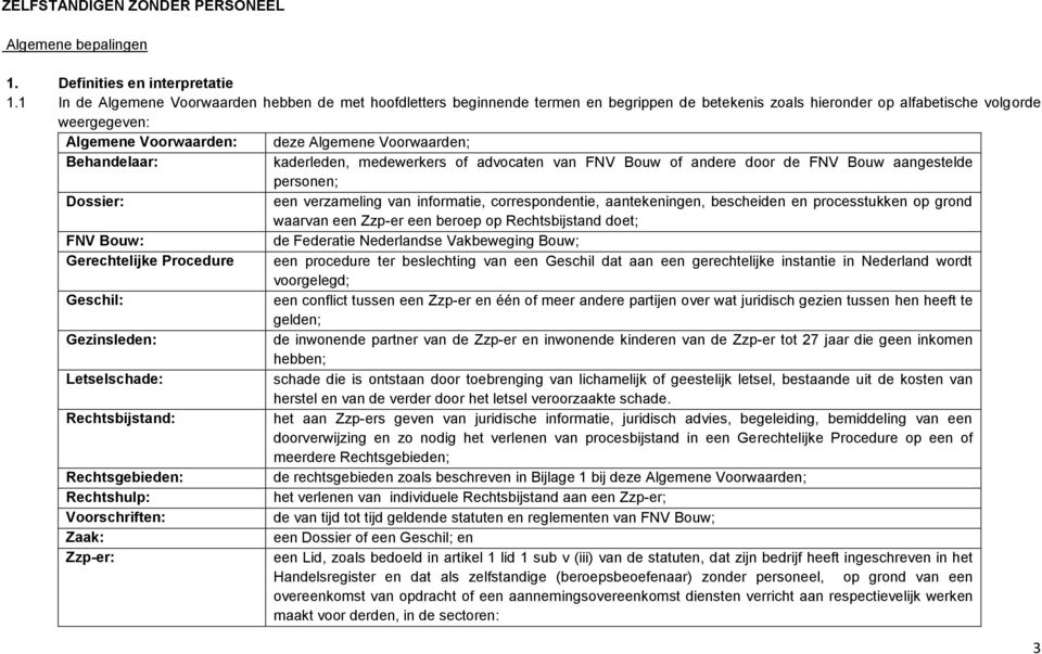 Voorwaarden; Behandelaar: kaderleden, medewerkers of advocaten van FNV Bouw of andere door de FNV Bouw aangestelde personen; Dossier: een verzameling van informatie, correspondentie, aantekeningen,