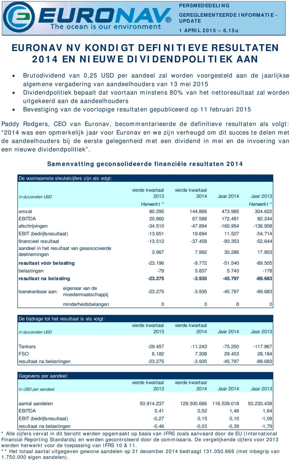 februari 2015 Paddy Rodgers, CEO van Euronav, becommentarieerde de definitieve resultaten als volgt: 2014 was een opmerkelijk jaar voor Euronav en we zijn verheugd om dit succes te delen met de