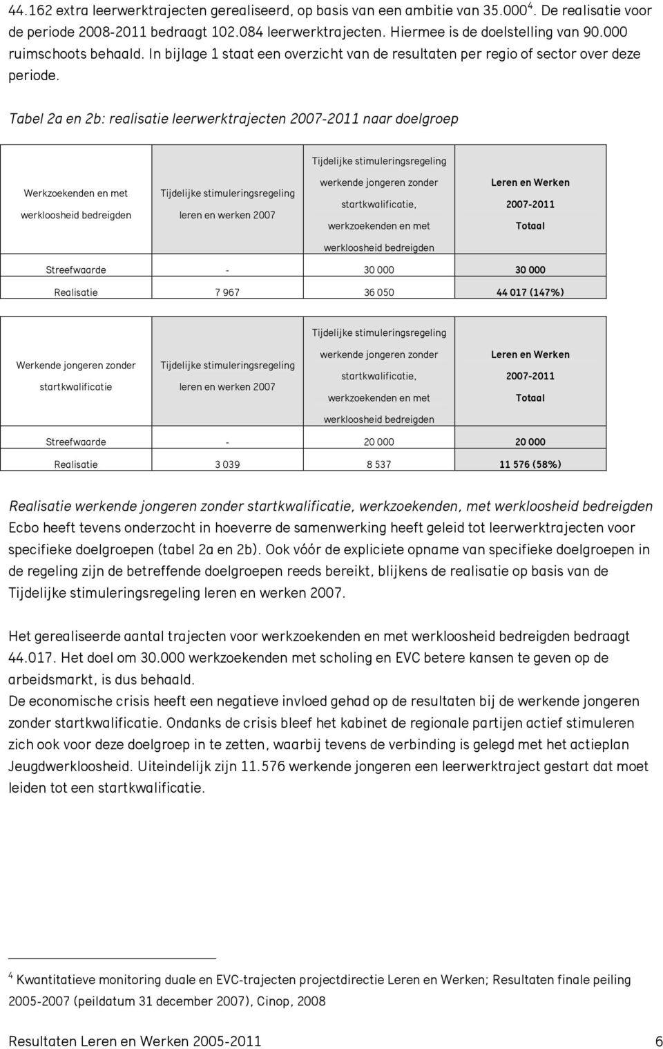 Tabel 2a en 2b: realisatie leerwerktrajecten 2007-2011 naar doelgroep Tijdelijke stimuleringsregeling Werkzoekenden en met werkloosheid bedreigden Tijdelijke stimuleringsregeling leren en werken 2007