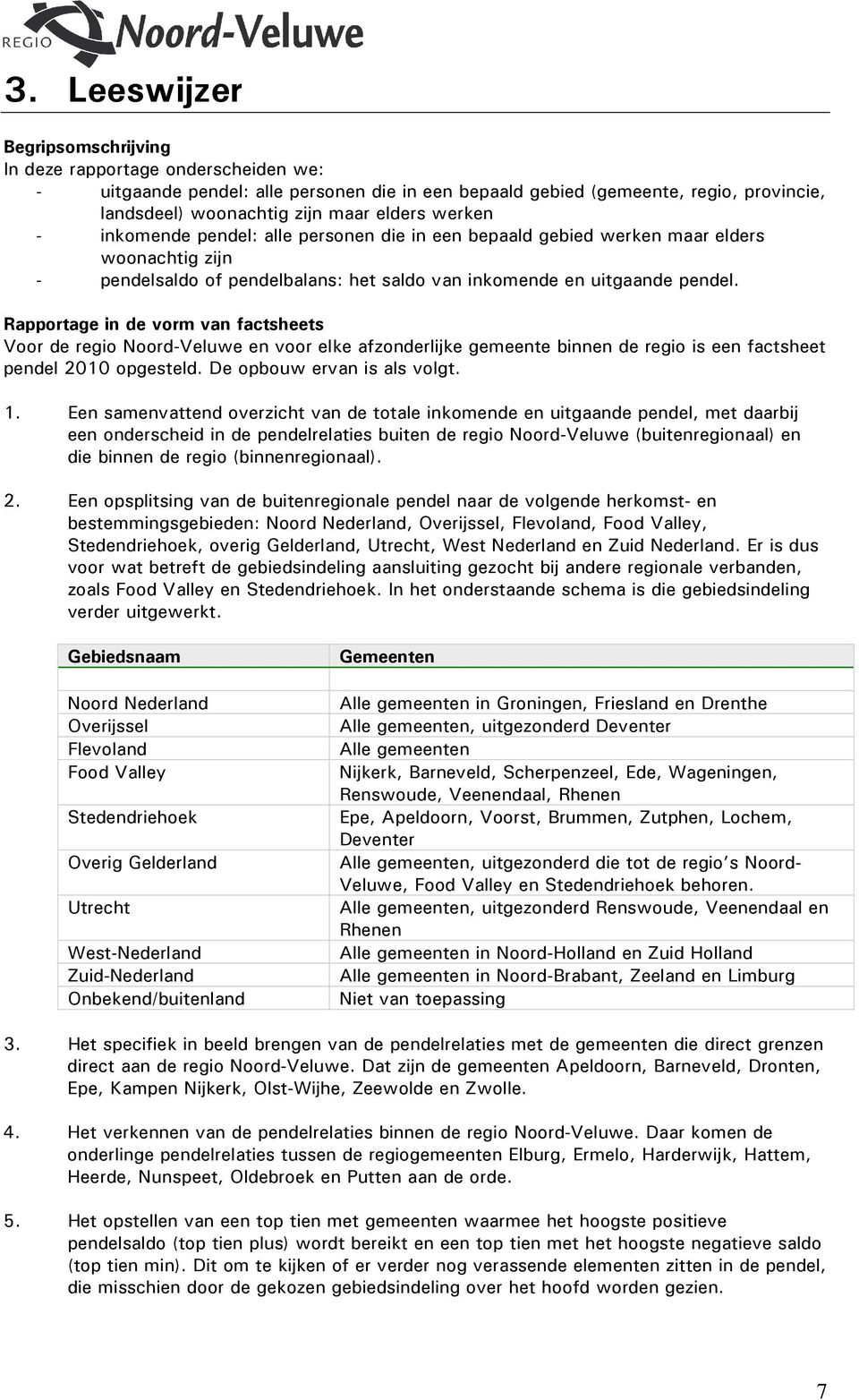 Rapportage in de vorm van factsheets Voor de regio Noord-Veluwe en voor elke afzonderlijke gemeente binnen de regio is een factsheet pendel 2010 opgesteld. De opbouw ervan is als volgt. 1.