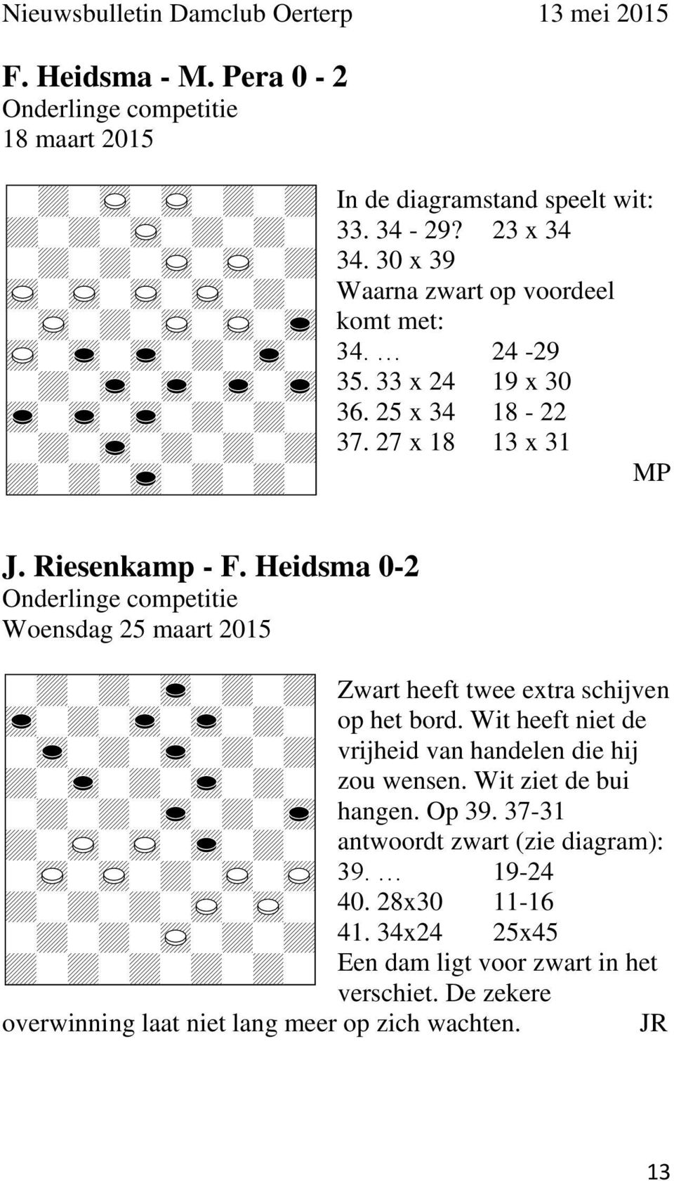 Heidsma 0-2 Onderlinge competitie Woensdag 25 maart 2015 Zwart heeft twee extra schijven op het bord.