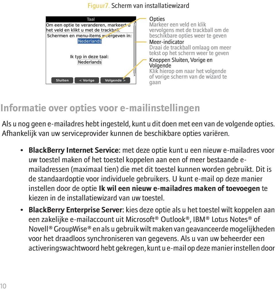 BlackBerry Internet Service: met deze optie kunt u een nieuw e-mailadres voor uw toestel maken of het toestel koppelen aan een of meer bestaande e- mailadressen (maximaal tien) die met dit toestel