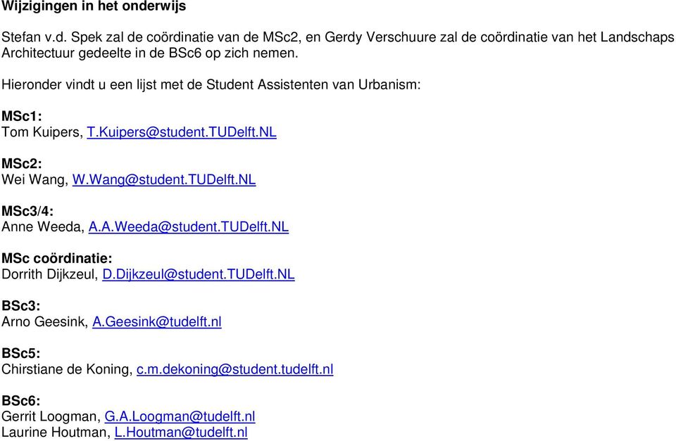 Hieronder vindt u een lijst met de Student Assistenten van Urbanism: MSc1: Tom Kuipers, T.Kuipers@student.TUDelft.NL MSc2: Wei Wang, W.Wang@student.TUDelft.NL MSc3/4: Anne Weeda, A.