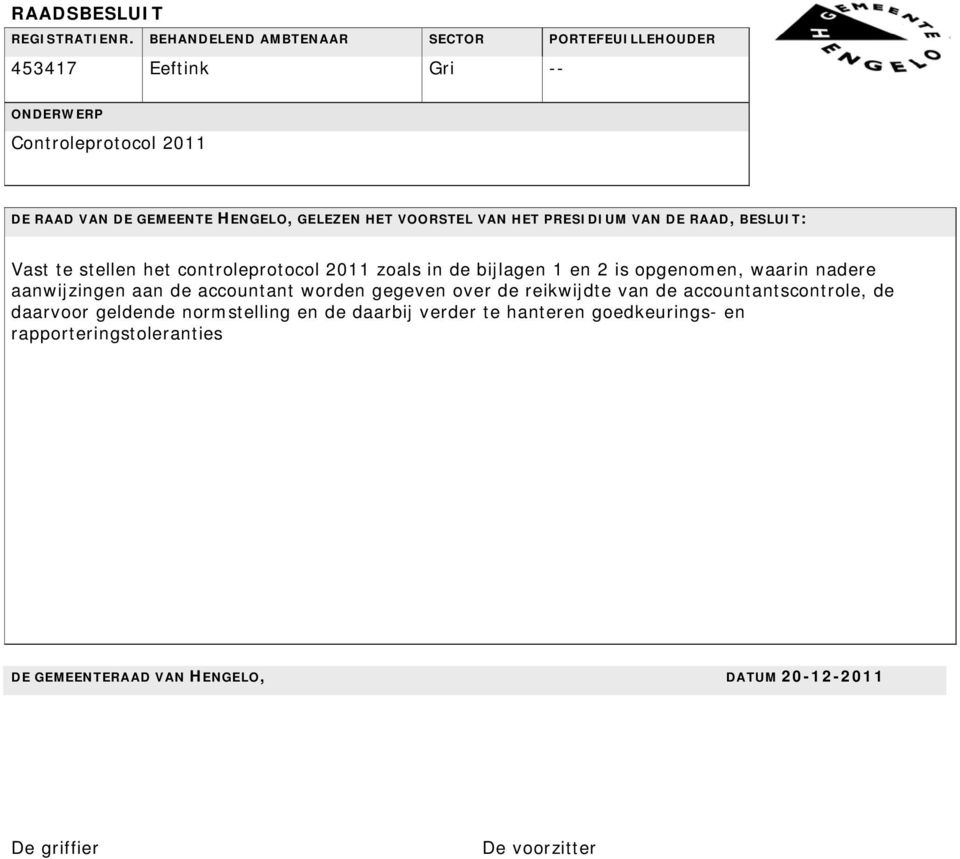 VOORSTEL VAN HET PRESIDIUM VAN DE RAAD, BESLUIT: Vast te stellen het controleprotocol 2011 zoals in de bijlagen 1 en 2 is opgenomen, waarin nadere