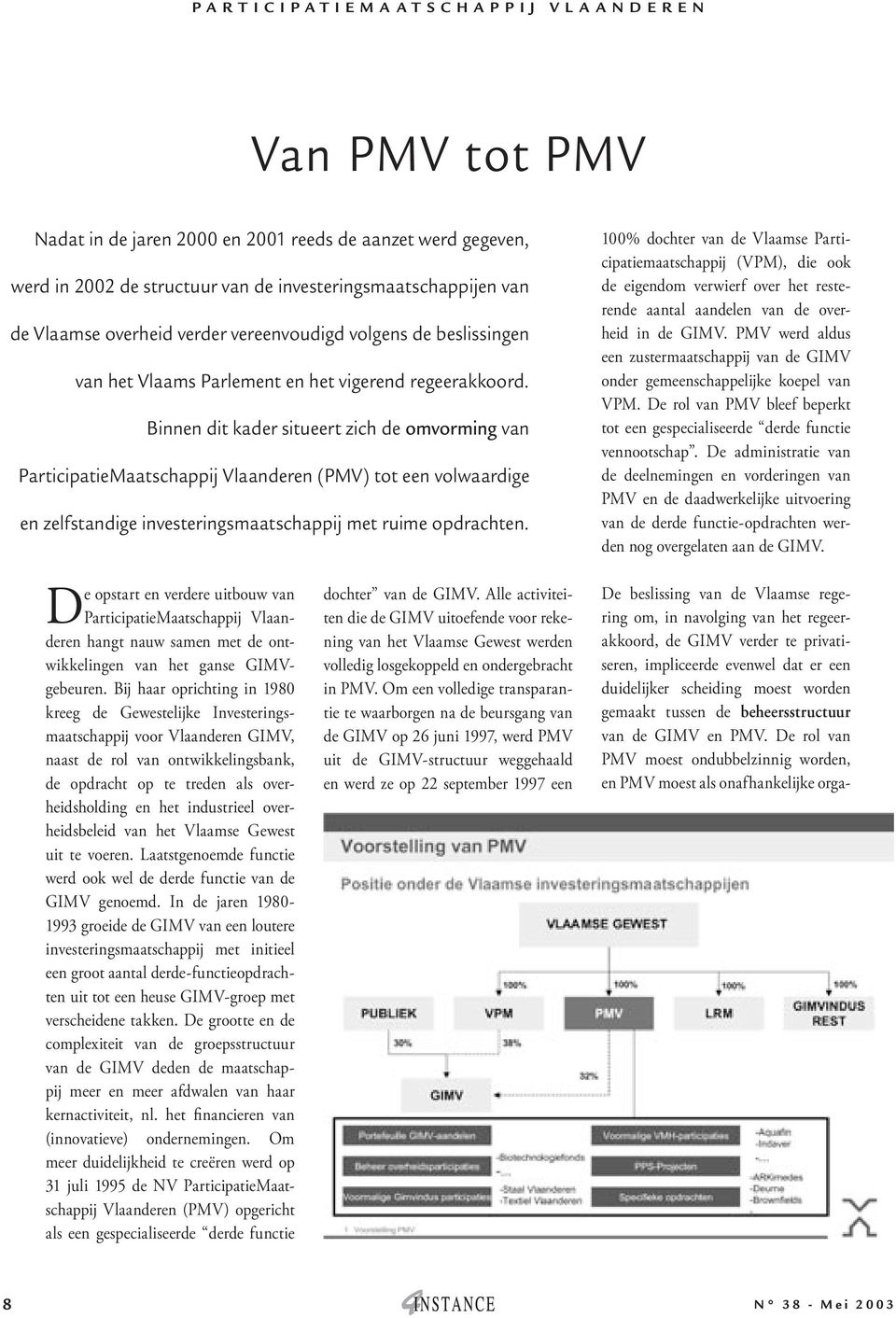 Binnen dit kader situeert zich de omvorming van ParticipatieMaatschappij Vlaanderen (PMV) tot een volwaardige en zelfstandige investeringsmaatschappij met ruime opdrachten.